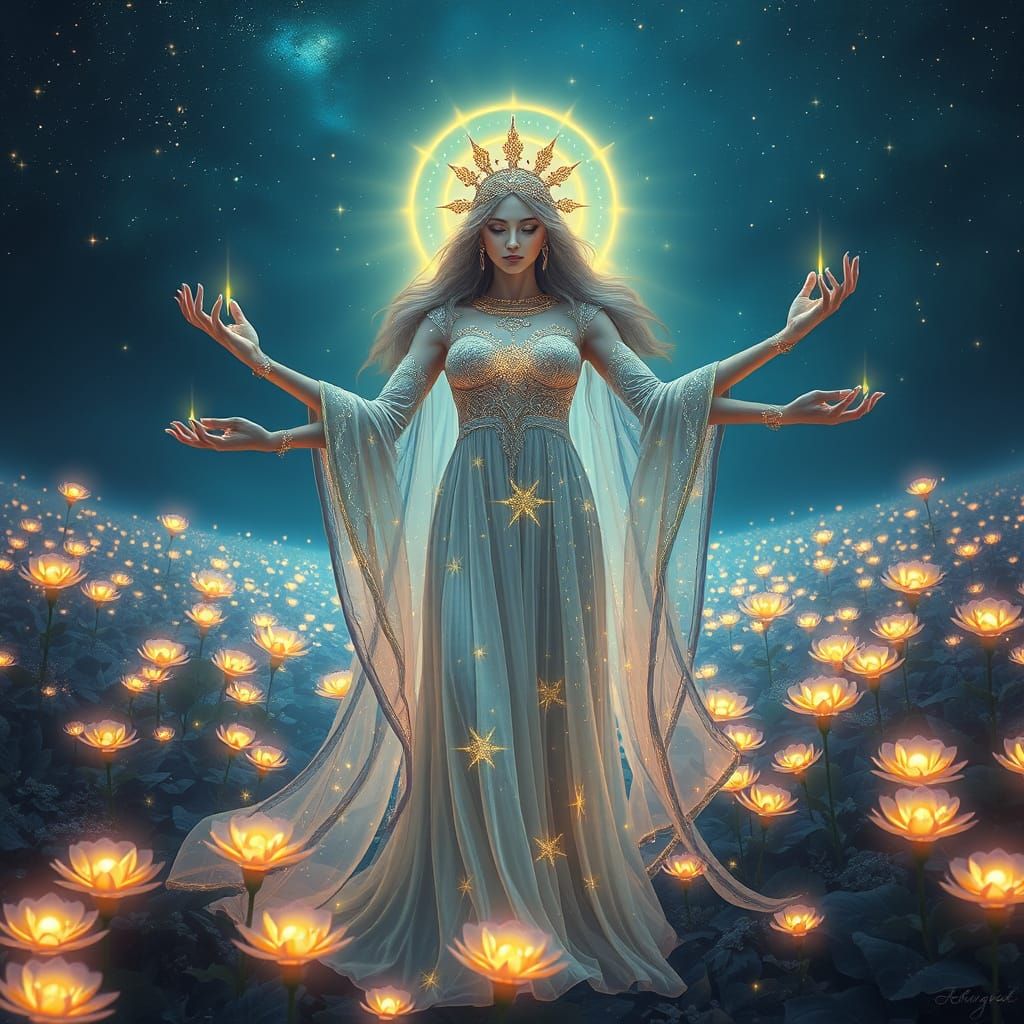 Bioluminescent Goddess in Starlight Gown: Hyperrealistic Art