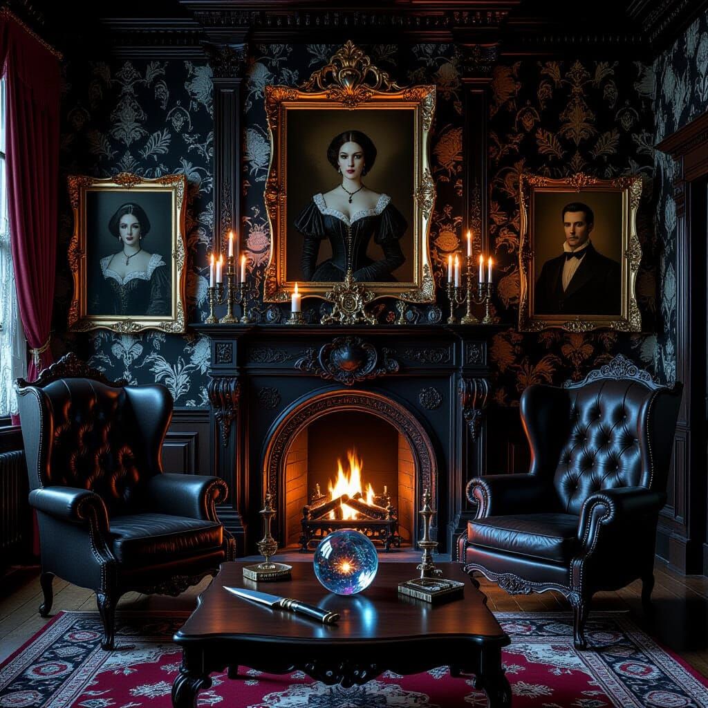 Gothic Living Room with Eerie Portraits and Grand Fireplace