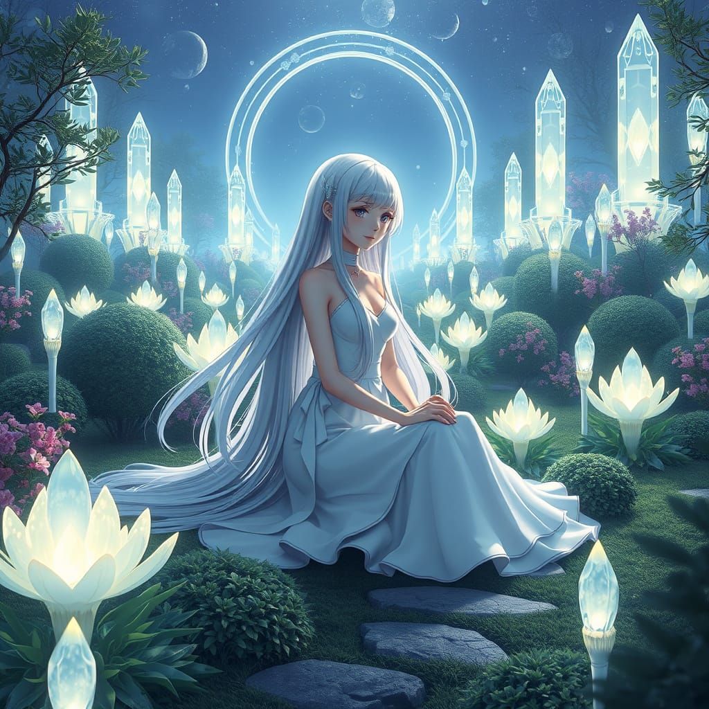 Ethereal Anime Goddess in Glowing Garden Sanctuary