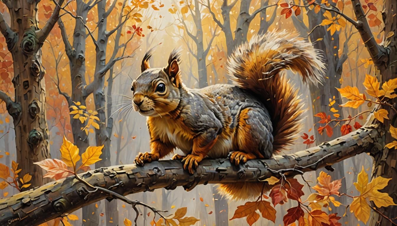 Squirrel's Autumn Leap: Impressionist Mixed Media
