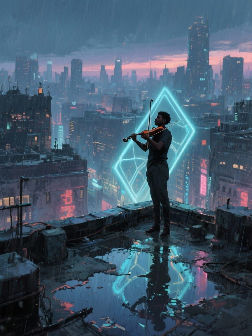 Violinist on Rooftop Overlooking Neon City at Dusk
