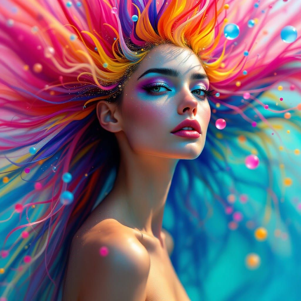 Elegant Biomorphic Fashion Model in Vibrant Colors