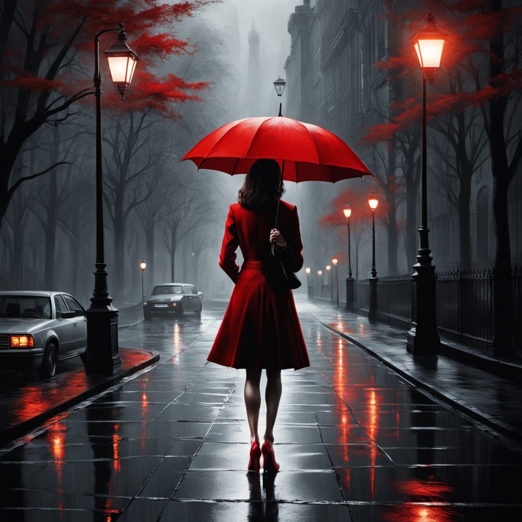 Woman Strolls Down Rainy Street in Charcoal Drawing Style