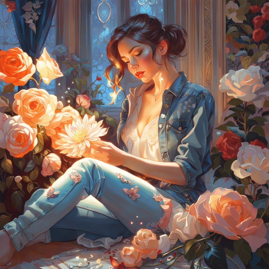 Woman Embroidering Flower in Magical Room