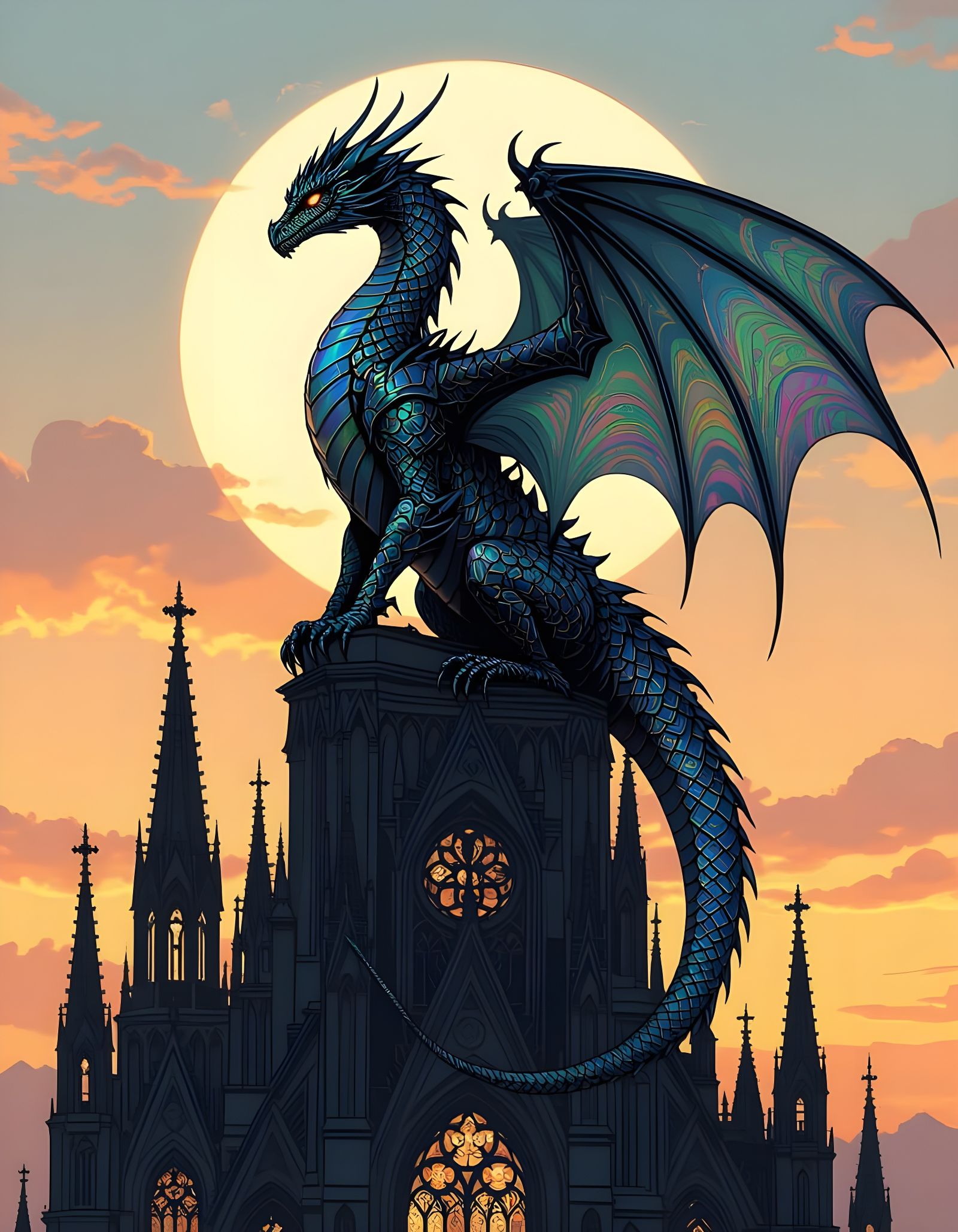 Iridescent Dragon on Gothic Cathedral, Art Nouveau Style