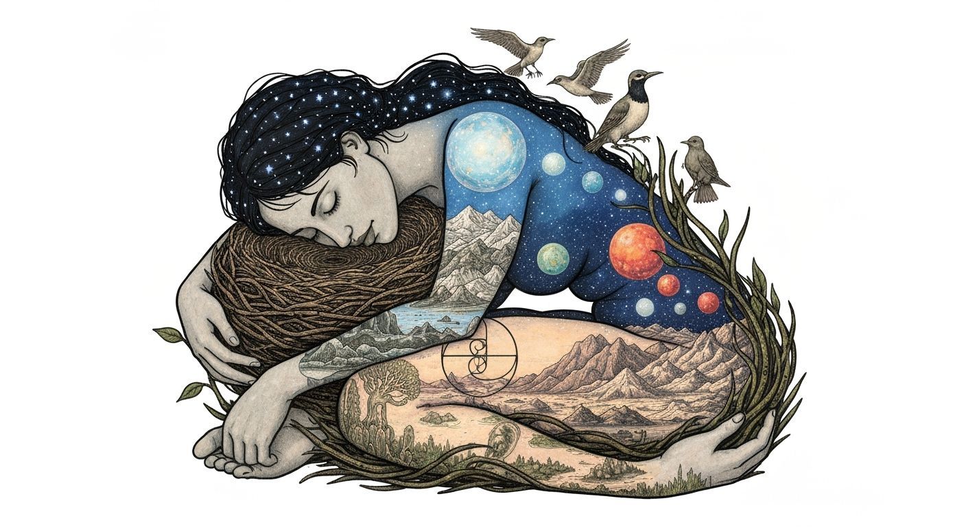 Dreamlike Woman Carrying Nest of Stars