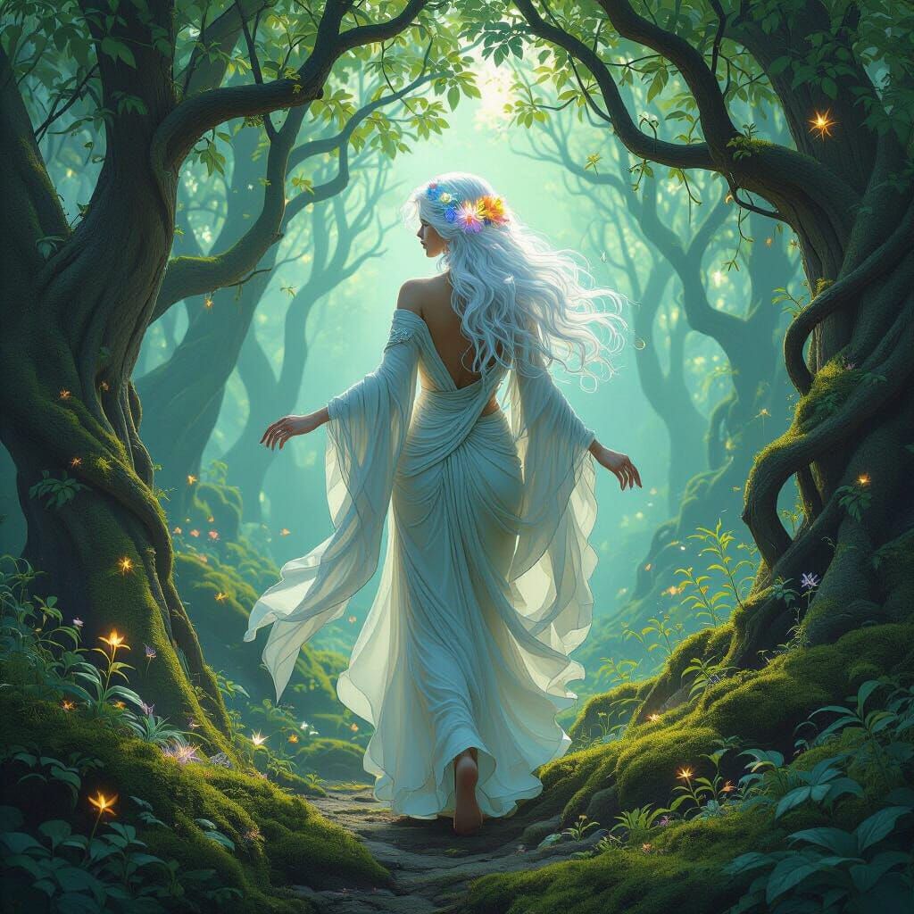 Ethereal Woman with Bioluminescent Flowers in Mystical Fores...