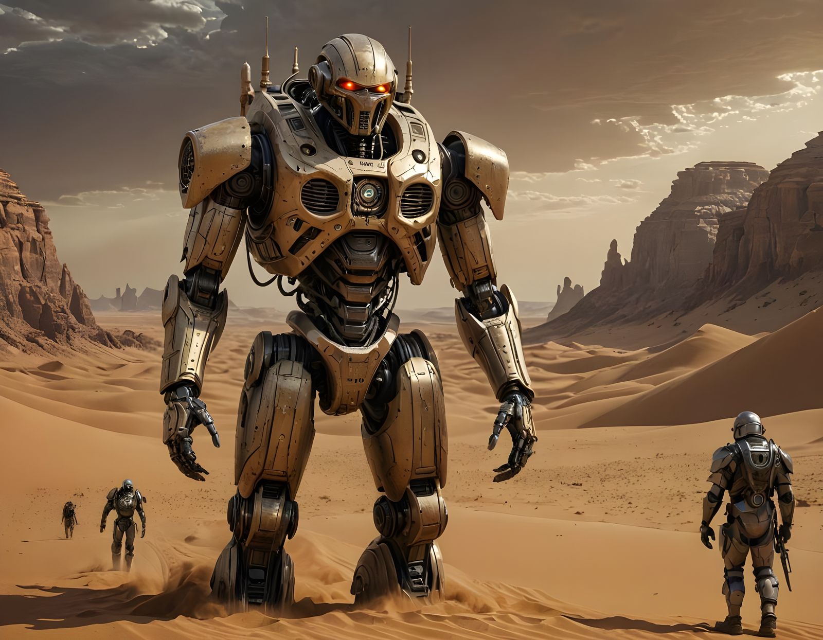 Military Robot in Sahara: Intricate Matte Painting