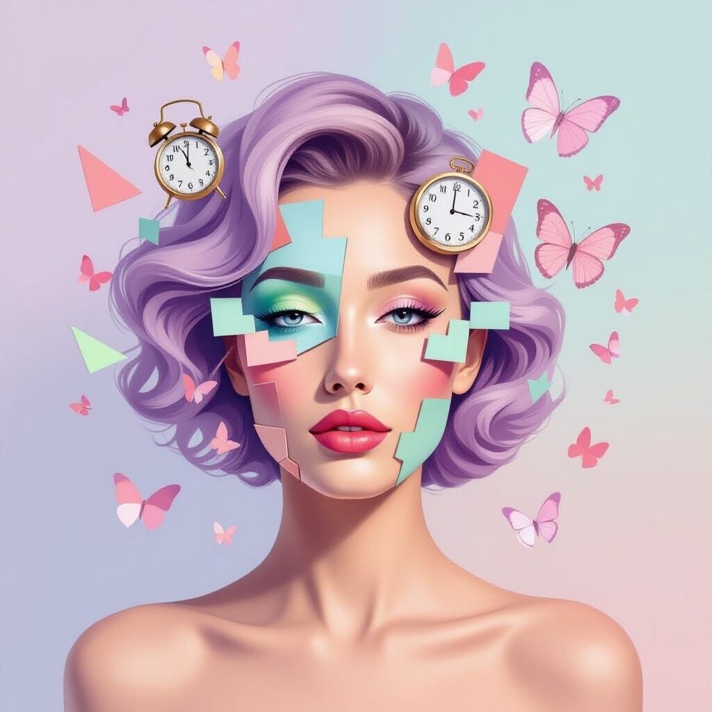 Dadaist Portrait: Fragmenting Face in Pastel Hues