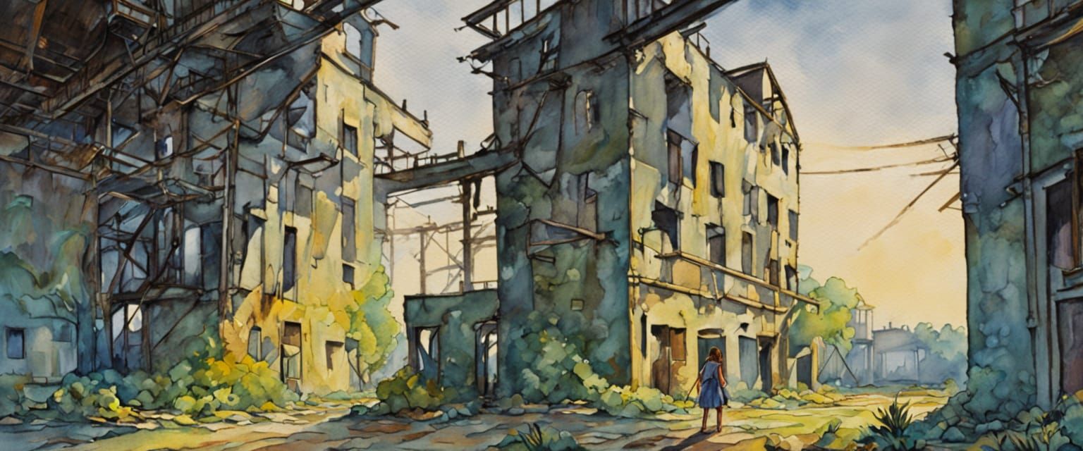 Woman in Abandoned Factory with Tropical Plants, Watercolor ...