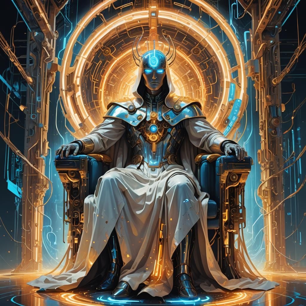 Pale Figure Commands Iridescent Throne: Digital Concept Art