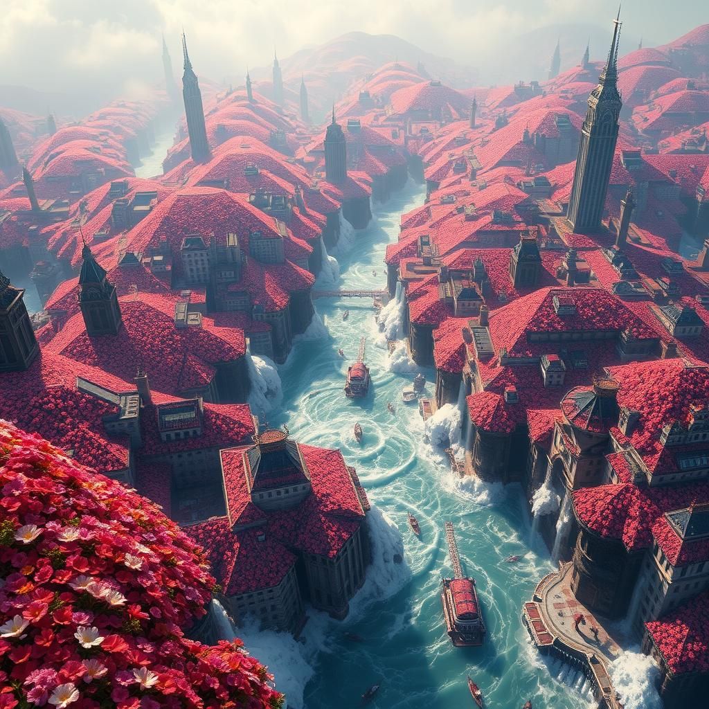 Flower Tsunami Sweeping a Miniature City