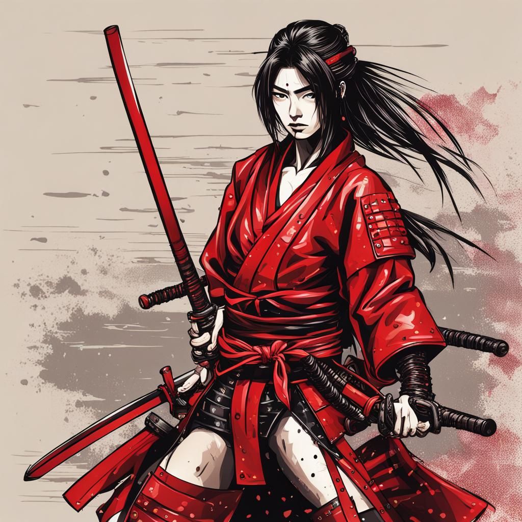 Modern Samurai in Red Leather Bikini