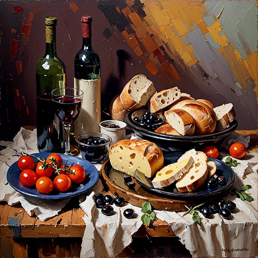 Mediterranean Feast: Impressionist Oil Painting at Golden Ho...