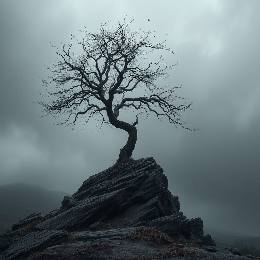 Windswept Tree in Storm, Digital Matte Painting