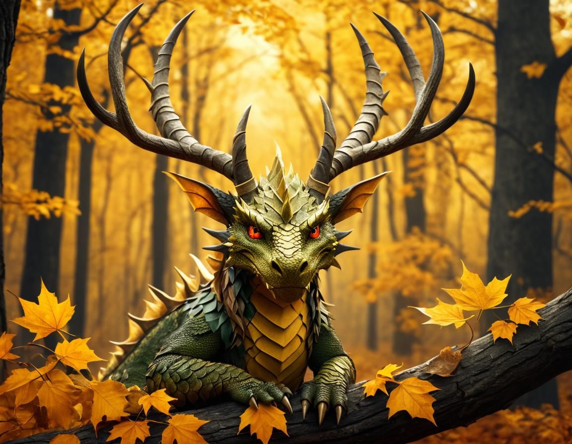 Serious Autumn Fae Dragon Perched on a Golden Forest Branch