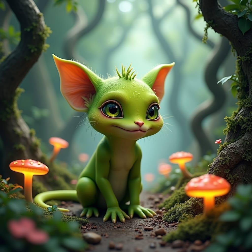 Enchanting Green Creature in Fantasy Environment