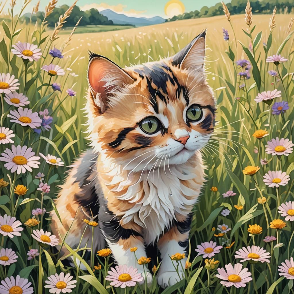 Calico Kitten Sniffing Taco in Anime Art Style