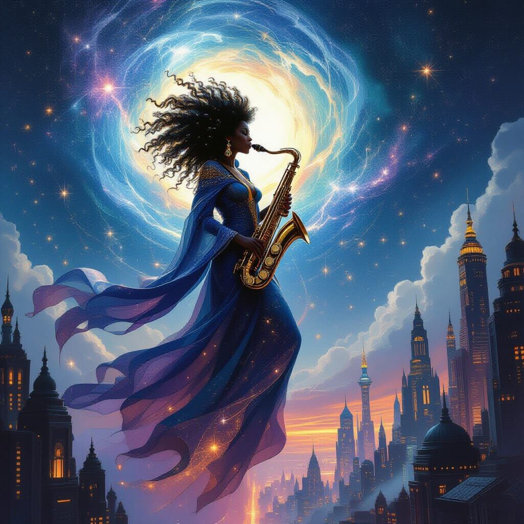 Afro-Latina Celestial Plays Saxophone Over Alien Cityscape