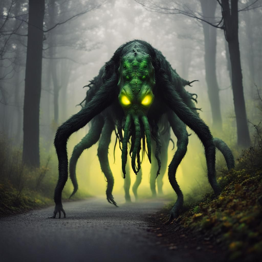 Eldritch Creature Emerges from Forest on Foggy Night