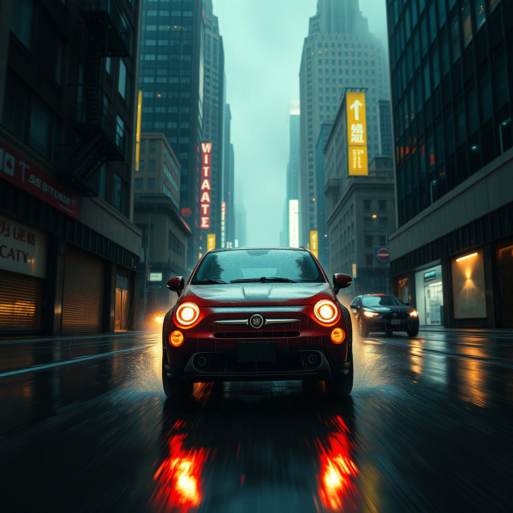 Fiat Races Through Cyberpunk Cityscape
