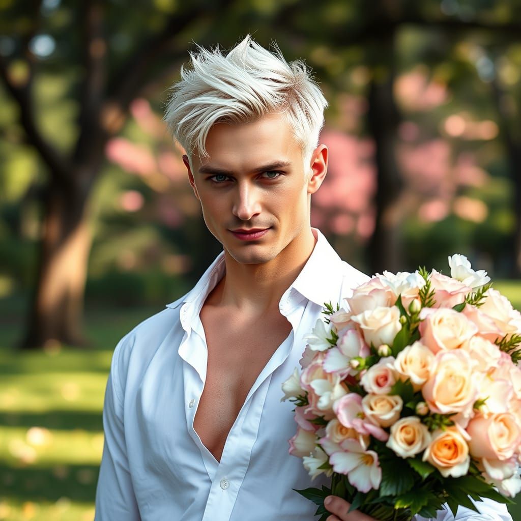 Chiseled Wizard Captivated by Blooming Beauty