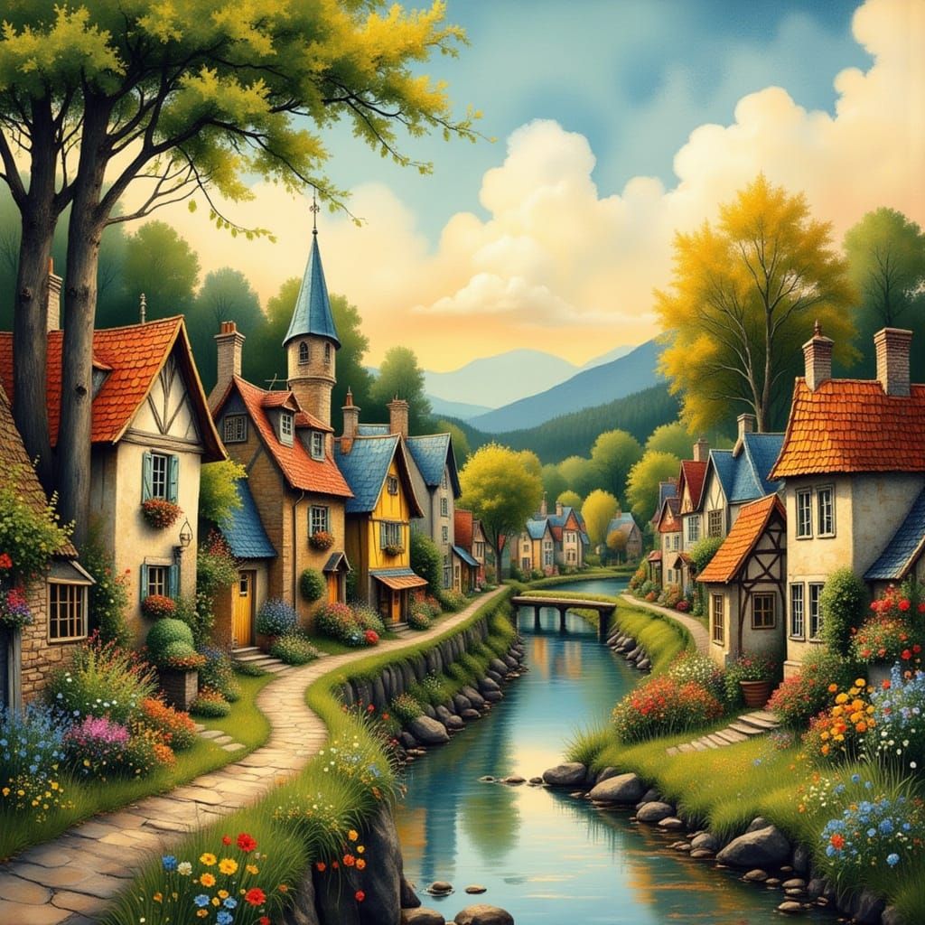 Whimsical Village in Floral Folk-Art Style
