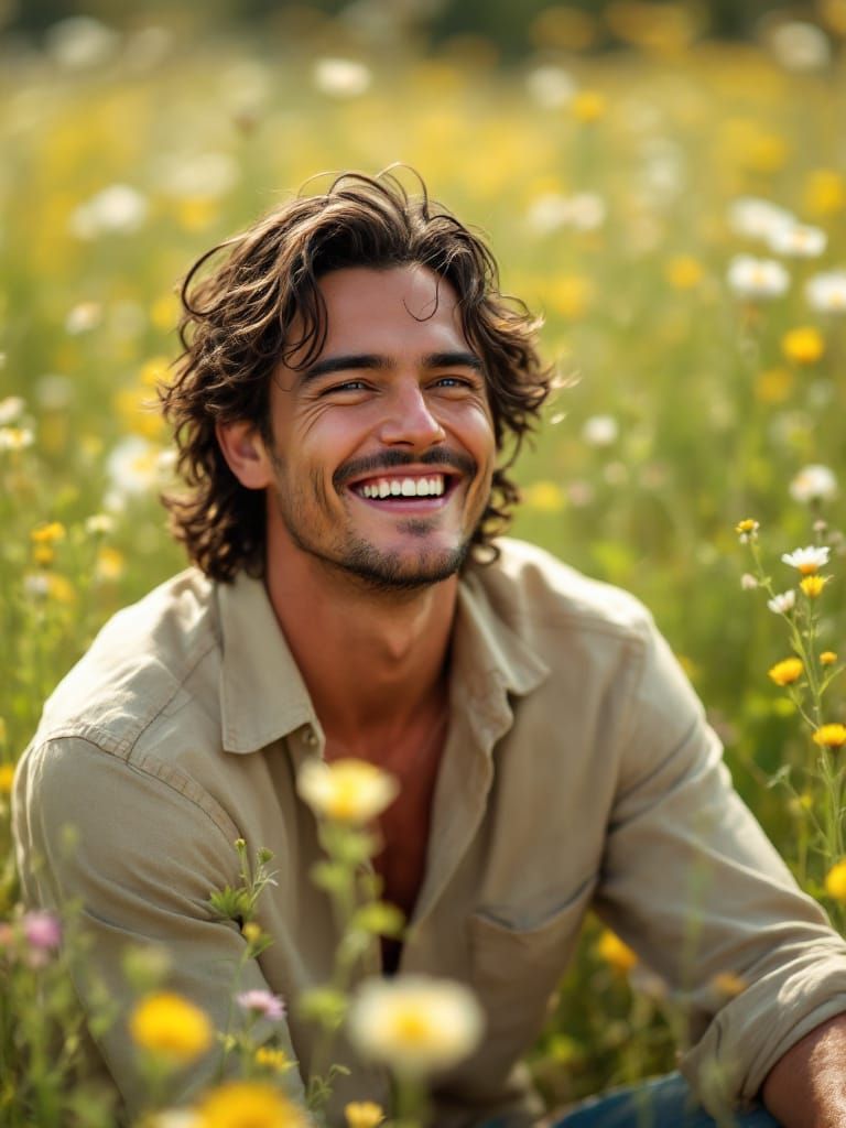 Orlando Bloom Laughing in Wildflower Meadow: 8K UHD