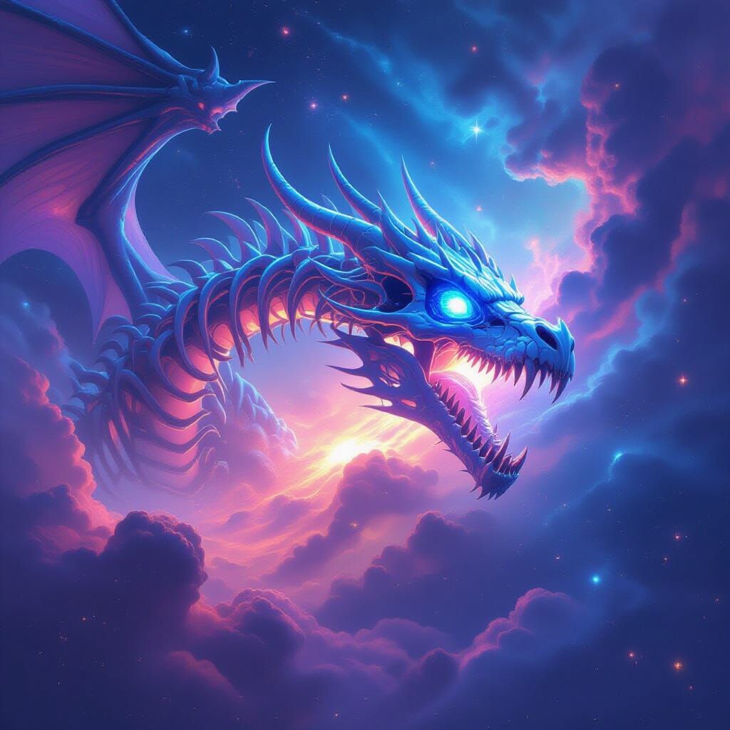 Bioluminescent Dragon Skeleton Soaring Through Nebula in 3D ...