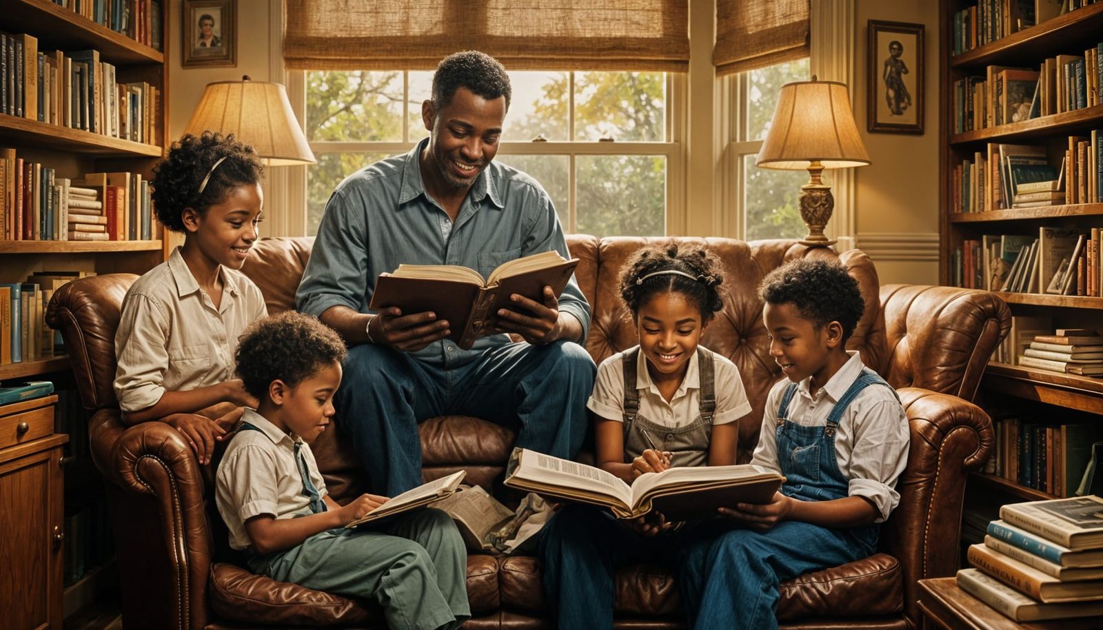Black Father Reading With Children: Vintage Photo Style