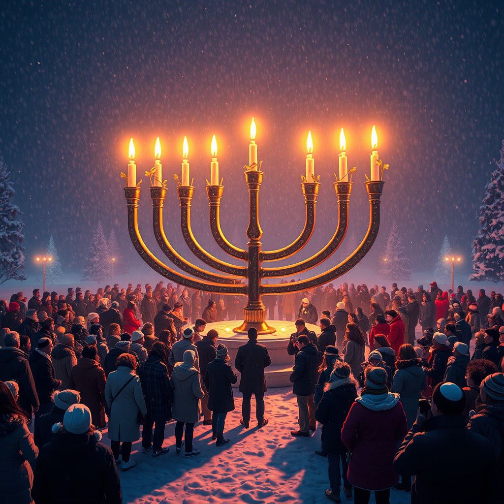 Hanukkah Celebration Under Winter Snow, Digital Matte Painti...
