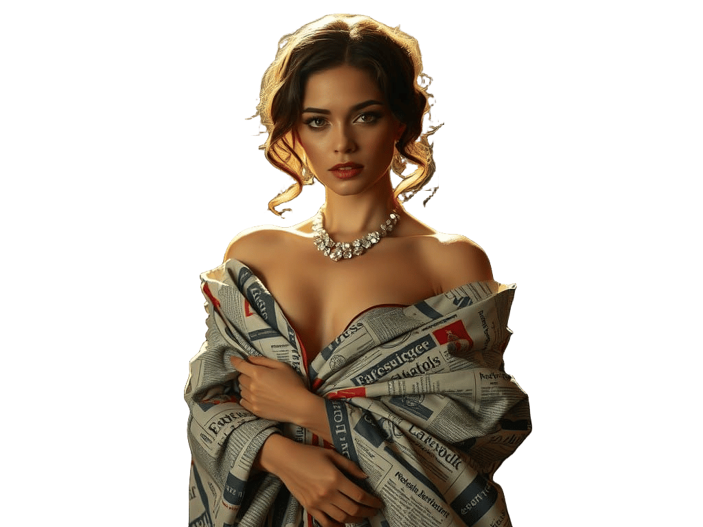 Elegant Woman in Haute Couture Zeitungspapier Design Gown