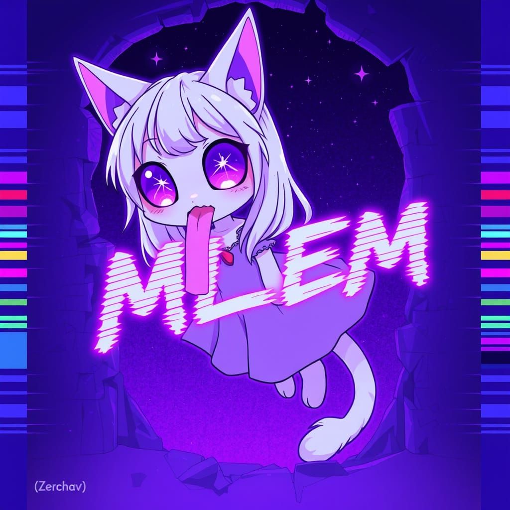 Synthwave Anime Catgirl Ghost with Glitch Effects