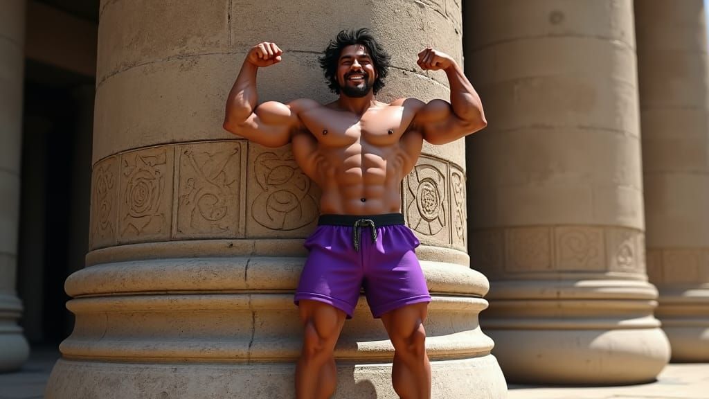 Colossal Bodybuilder Lifts Column in Fantasy World