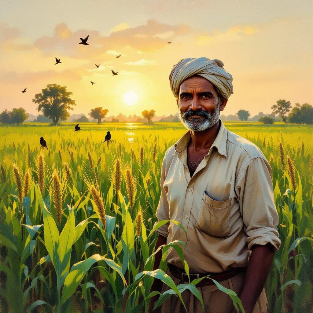 Golden Sunrise Over Dewy Fields: A Farmer's Serene Morning