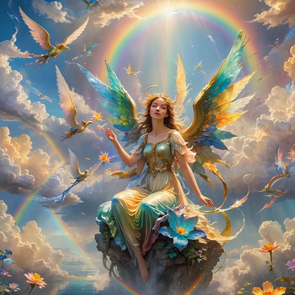 Fantasy Angel, Fairy, and Dragon in Rainbow Sky