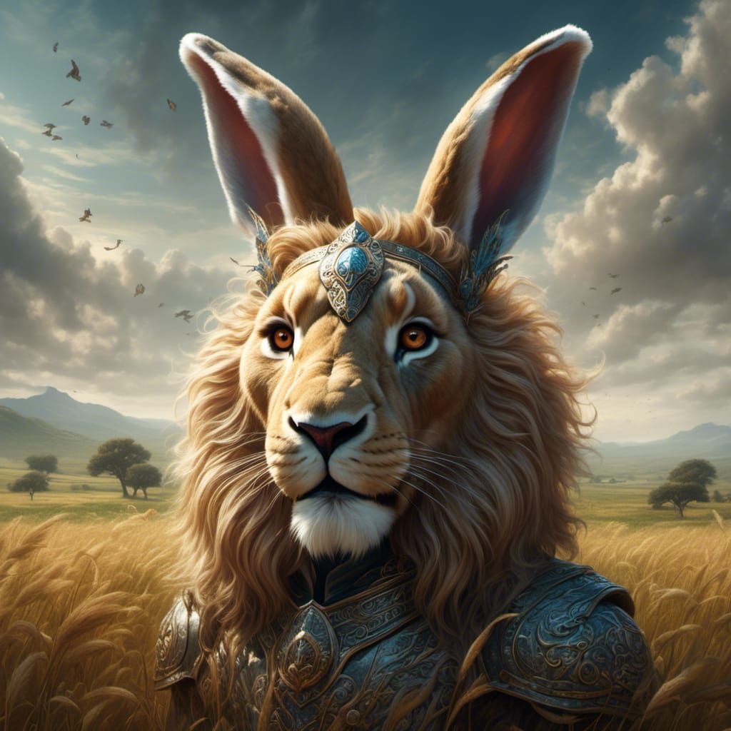 Rabbit-Lion Hybrid in Field: Digital Illustration