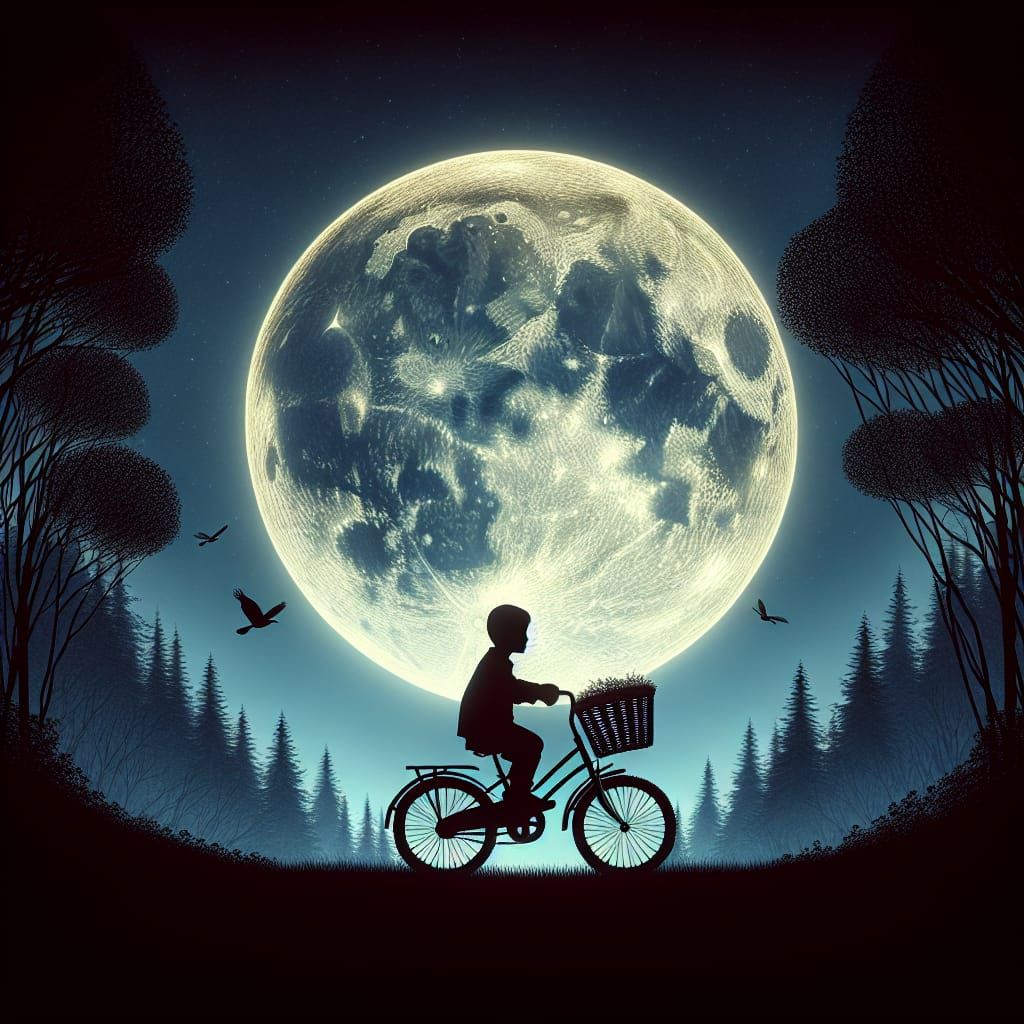Child Riding Bicycle Under Full Moon