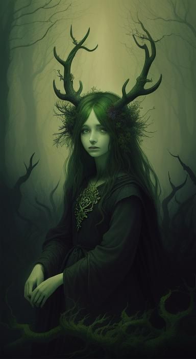 Deep within the mysterious woods, a woman emerges, her silhouette shrouded in darkness. Her anter-like branches reveal h...