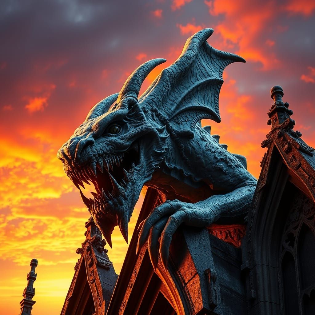 Weathered Gargoyle Illuminated by Dramatic Sunset