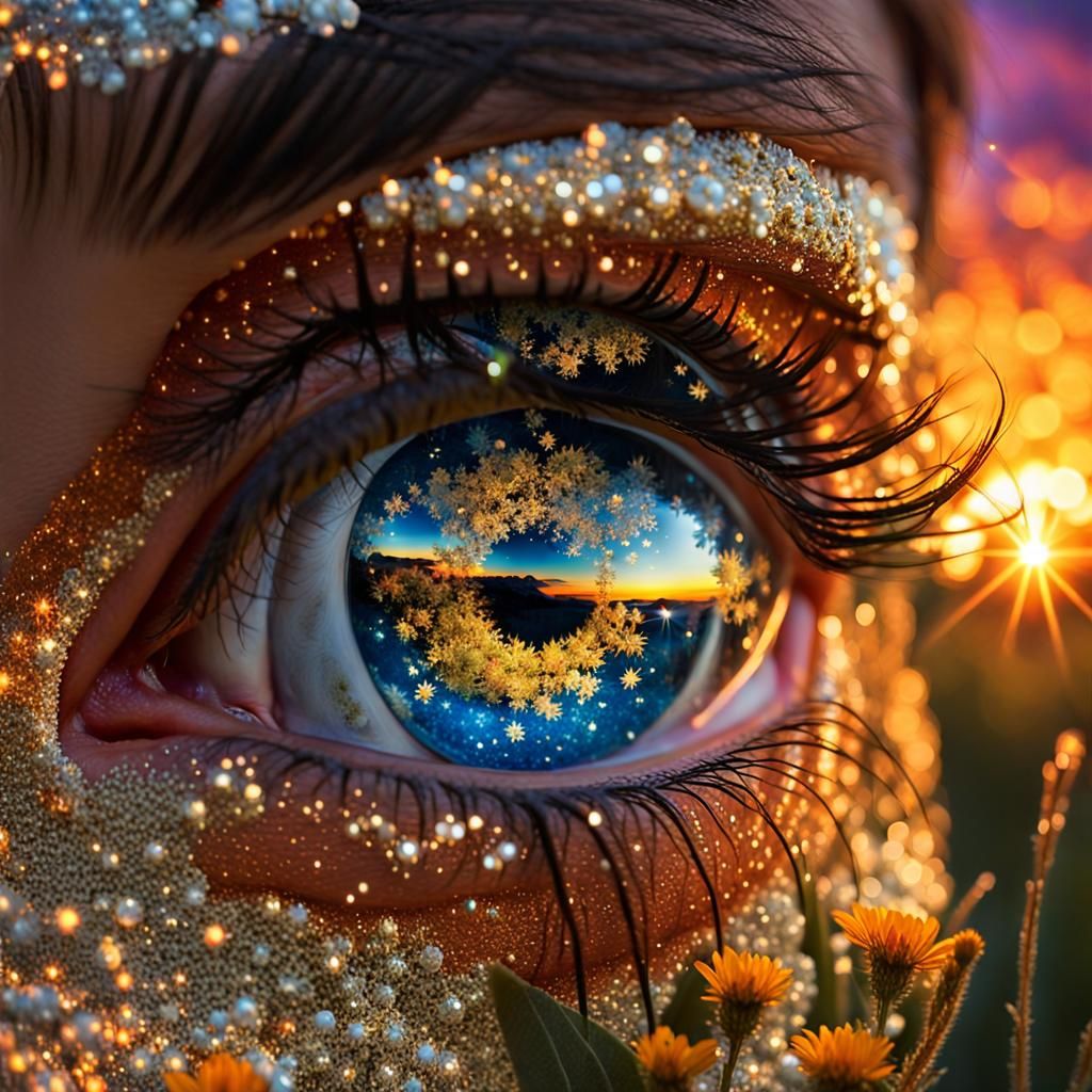 Eye Reflecting Sunset in Surreal Art Nouveau World