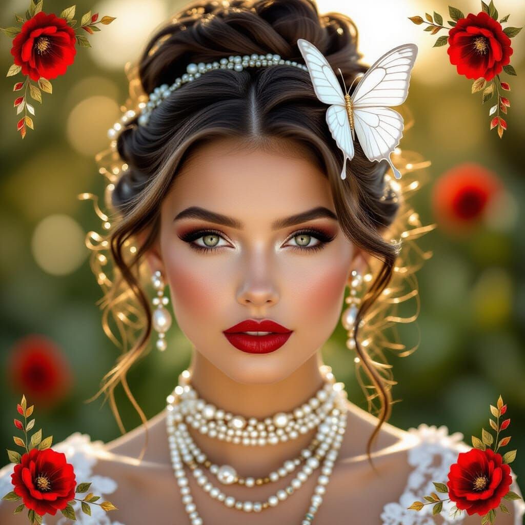 portrait of a young woman with an elegant beehive updo, stra...