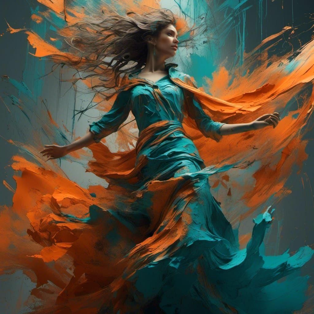 Woman in Flowing Dress, Dynamic Lighting, Digital Art