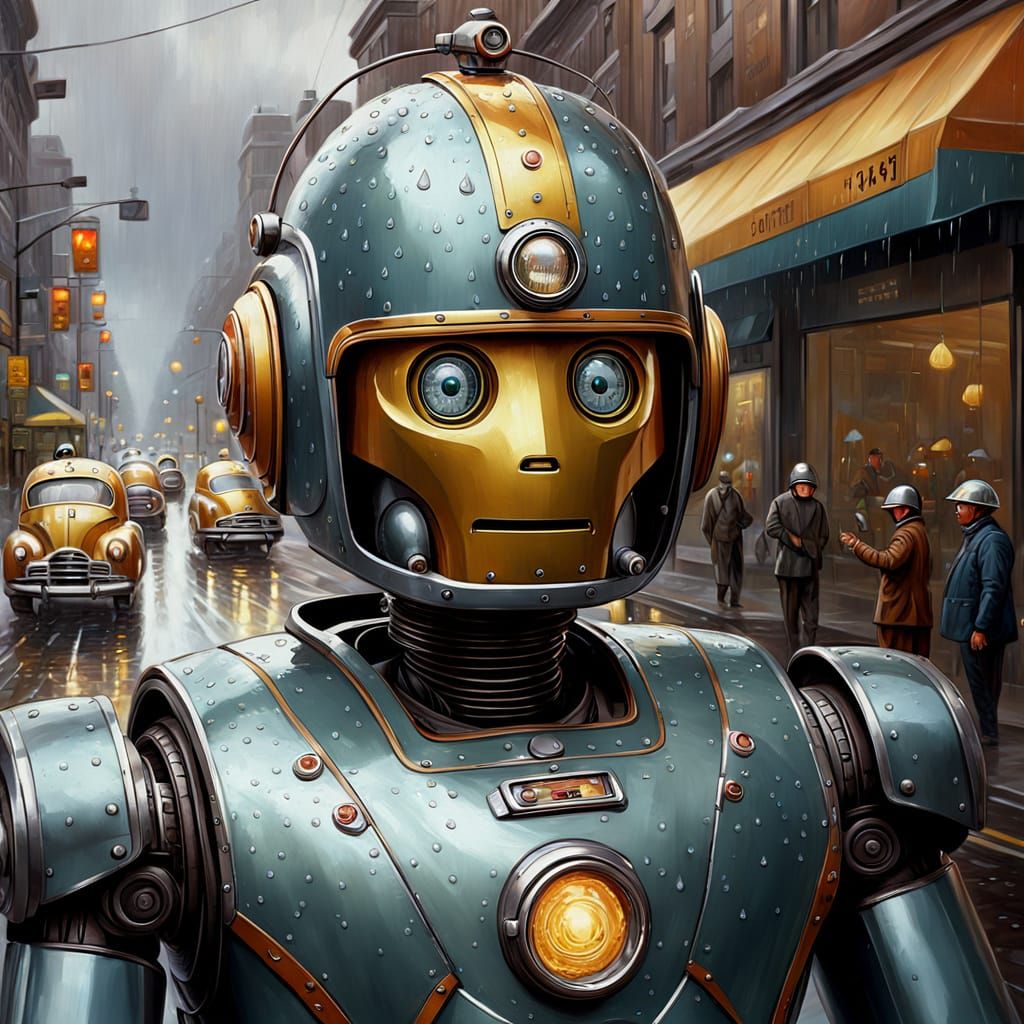 Robot Directing Traffic in 1950s Oil Painting