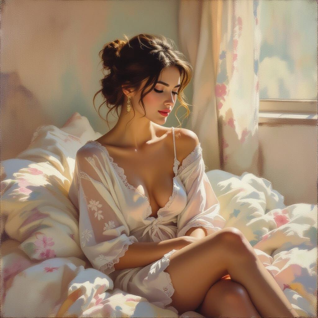 Woman in Peignoir: Intimate Interior Oil Painting