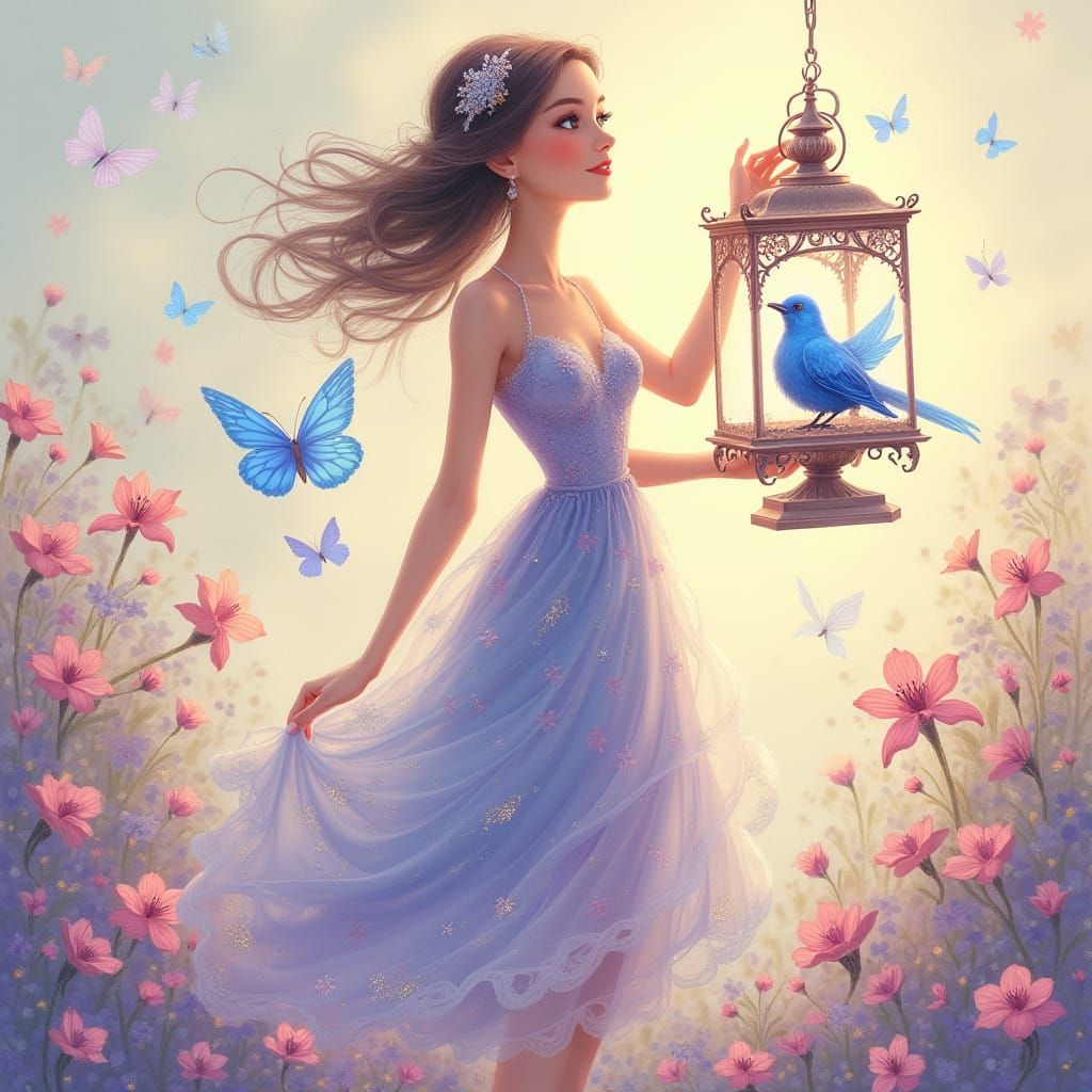 Elegant Woman with Bird Lantern in Dreamy Style
