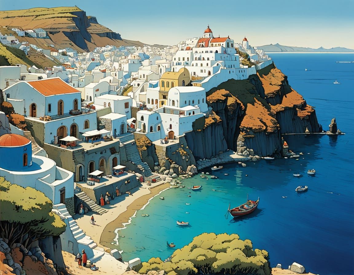 Santorini Greek Coastal Village in Traditional Illustrative ...
