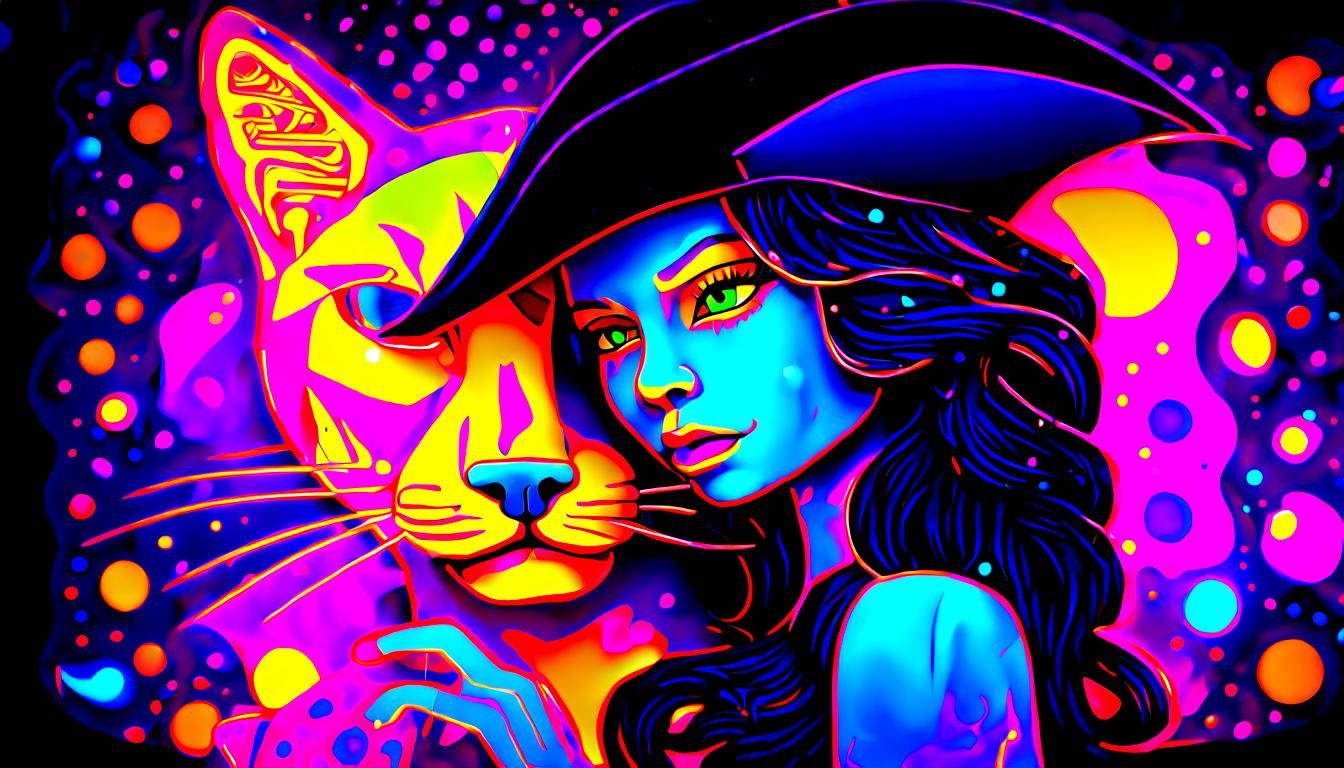 Neon Pirate Cat Absorbed in Dark Matter: Cubism Pointillism