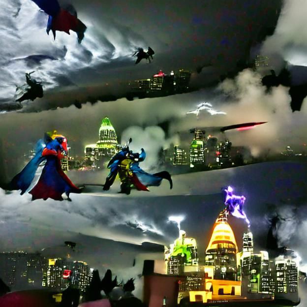 Superhero Battle Above City Skyline