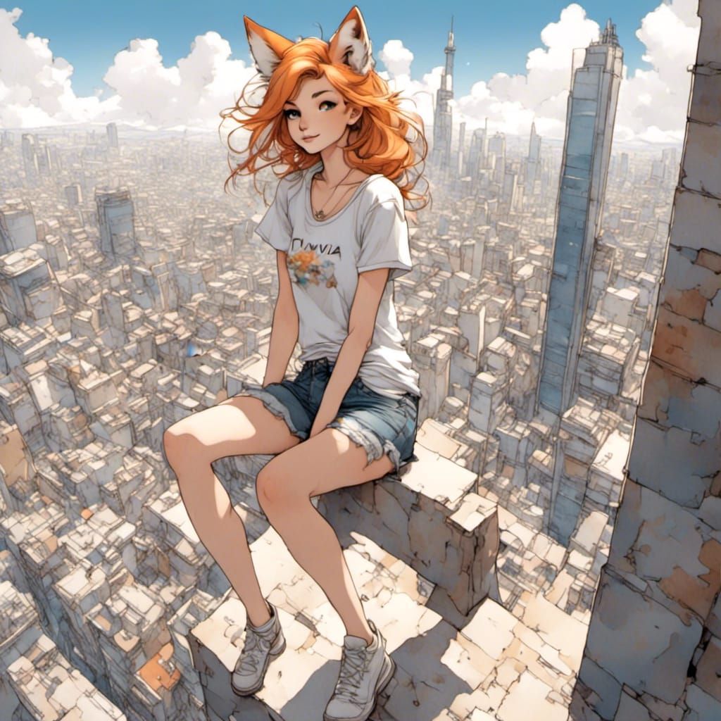 Fox-girl VIXEN  wearing a short t-shirt, low rise jeans, barefooted, top of skyscraper view